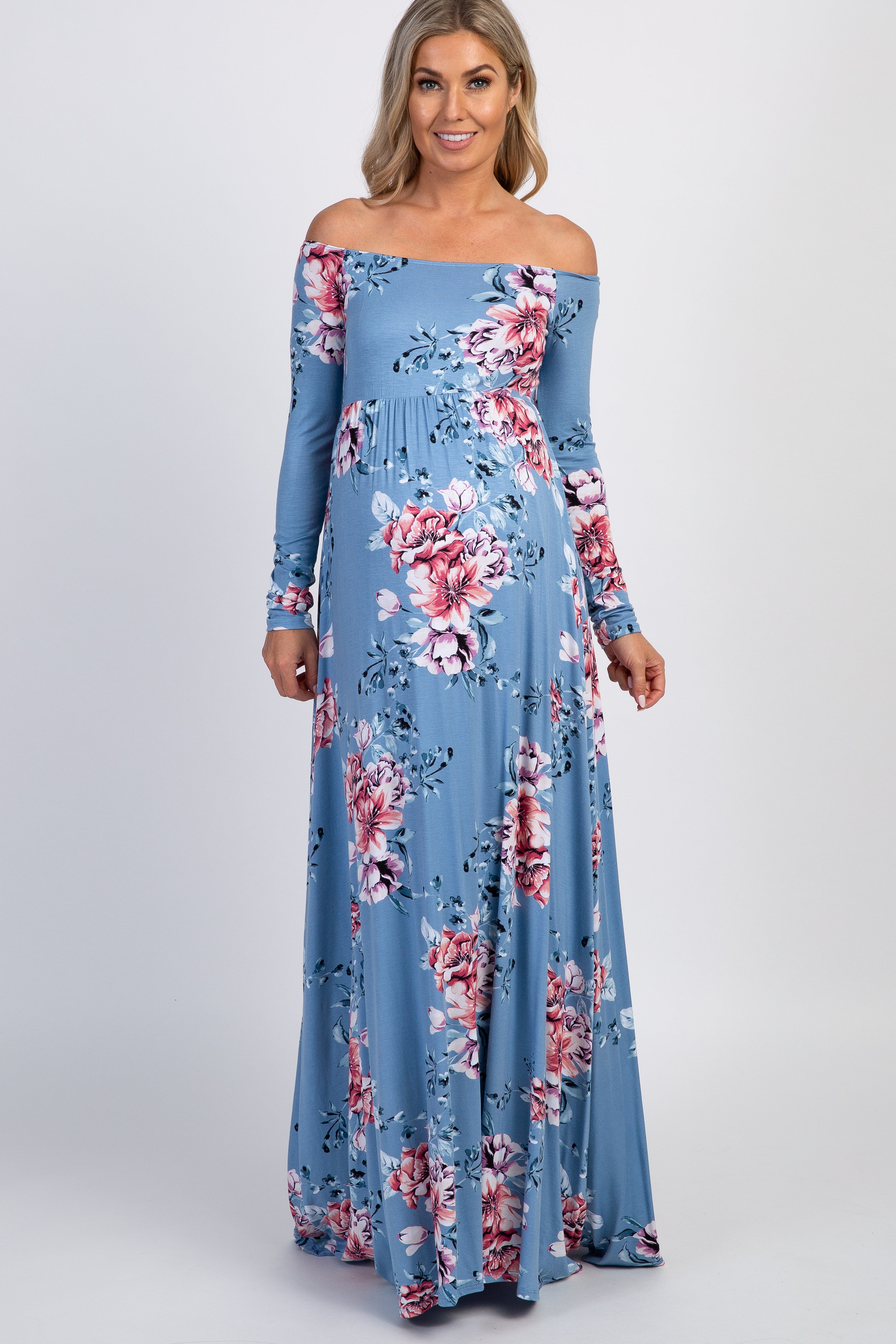 PinkBlush Light Blue Floral Off Shoulder Maternity Maxi Dress PinkBlush Light Blue Floral Off Shoulder Maternity Maxi Dress