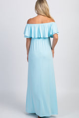 PinkBlush Light Blue Off Shoulder Ruffle Trim Maternity Maxi Dress