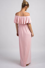 PinkBlush Light Pink Off Shoulder Ruffle Trim Maternity Maxi Dress
