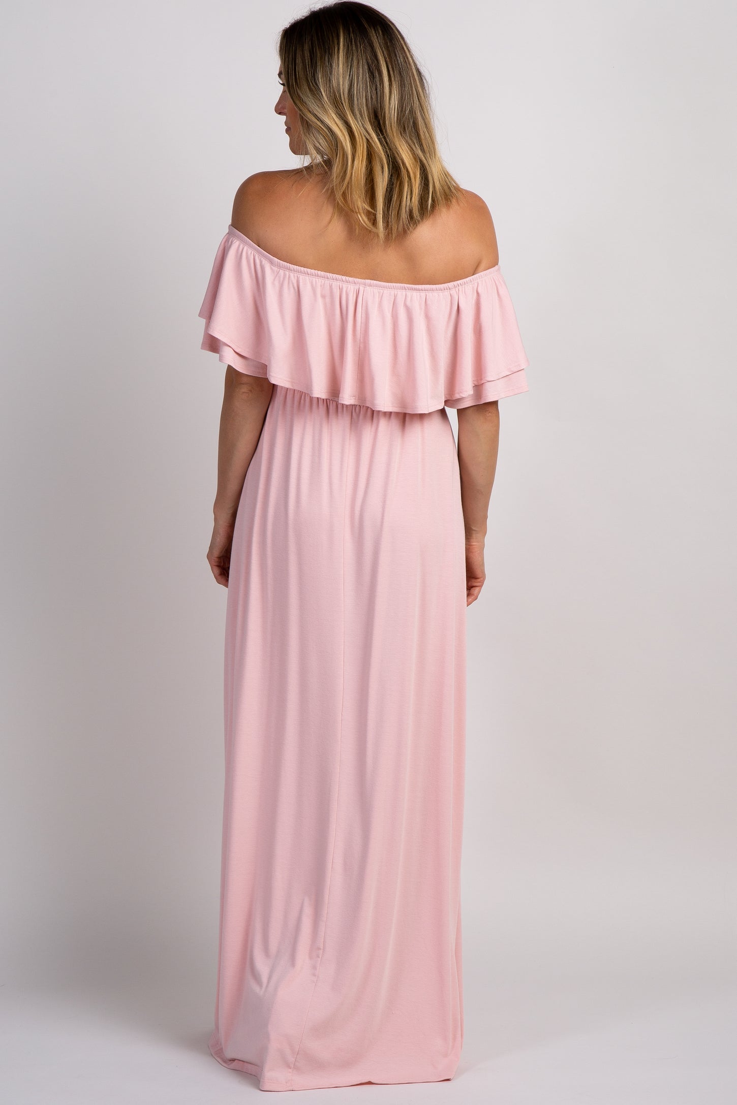 PinkBlush Light Pink Off Shoulder Ruffle Trim Maxi Dress