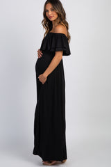 PinkBlush Black Off Shoulder Ruffle Trim Maternity Maxi Dress