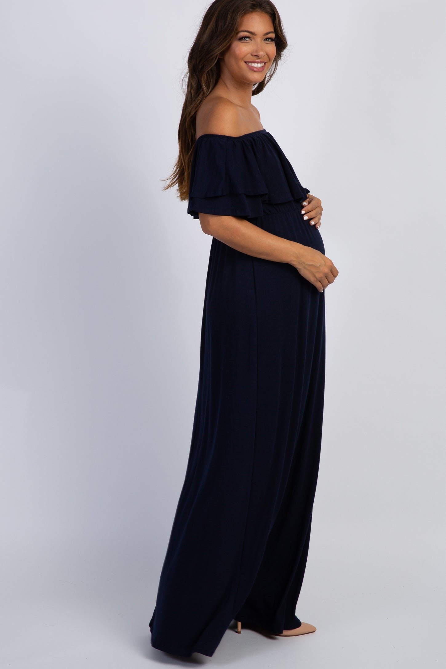PinkBlush Navy Blue Off Shoulder Ruffle Trim Maternity Maxi Dress