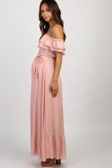 Pink Off Shoulder Tassel Tie Maternity Maxi Dress