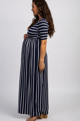 PinkBlush Navy Blue Striped Half Sleeve Maternity Maxi Dress