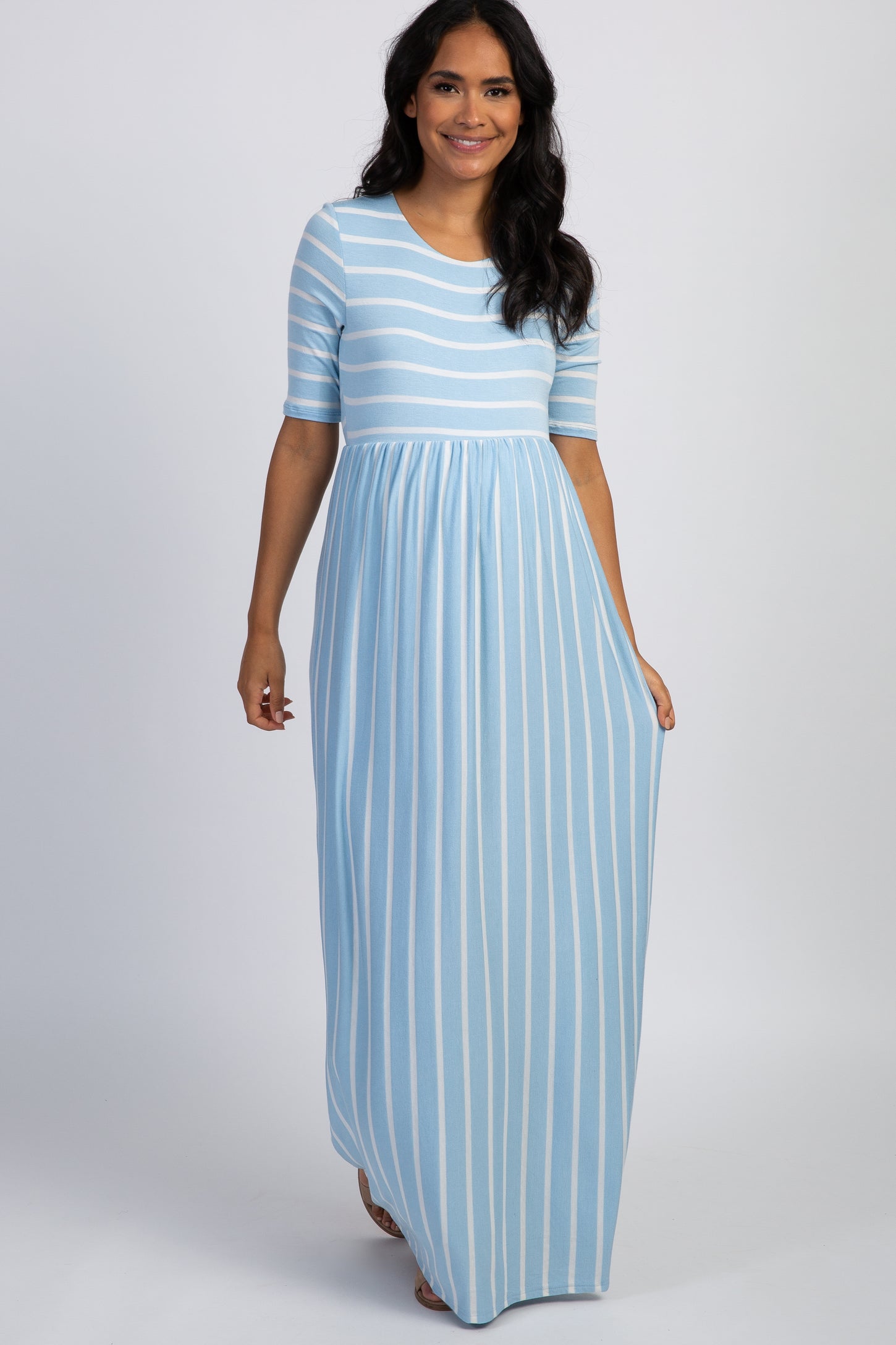 PinkBlush Light Blue Striped Half Sleeve Maternity Maxi Dress