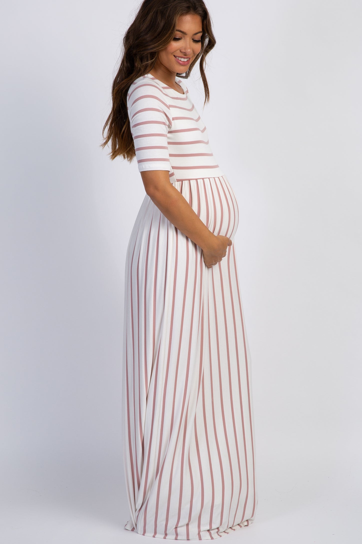 pink and white striped maternity dress Pink Multi Striped Strapless Flare Maternity Maxi Dress PinkBlush