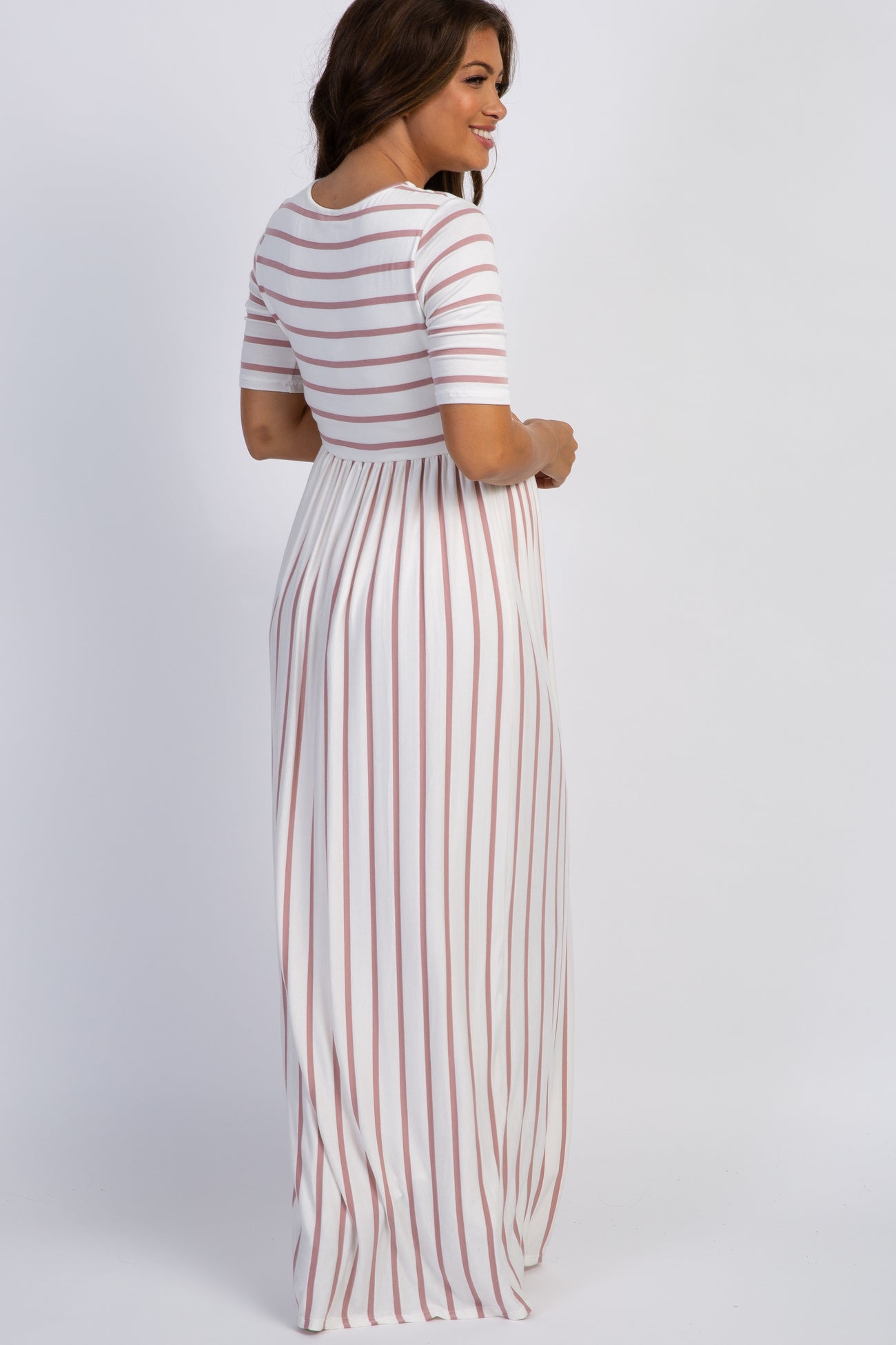 pink and white striped maternity dress Lyckli Blush Pink Summer Elegant Formal Picnic Holiday Pregnant Women Striped Maternity Dress Casual Batwing Sleeve High Waist Button Modest Cottagecore