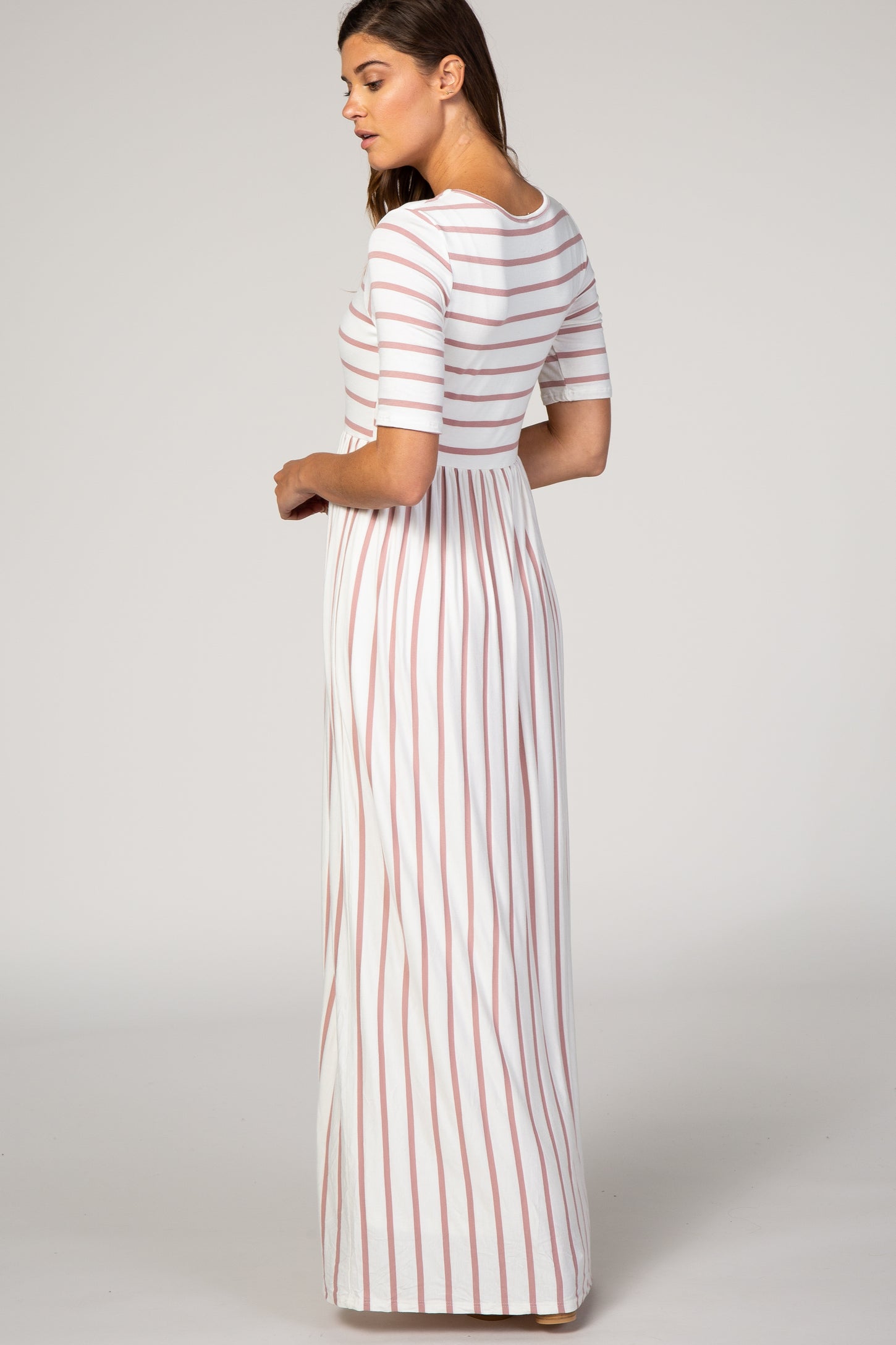 pink blush striped dress Pink Striped Knit Shoulder Tie Maxi Dress