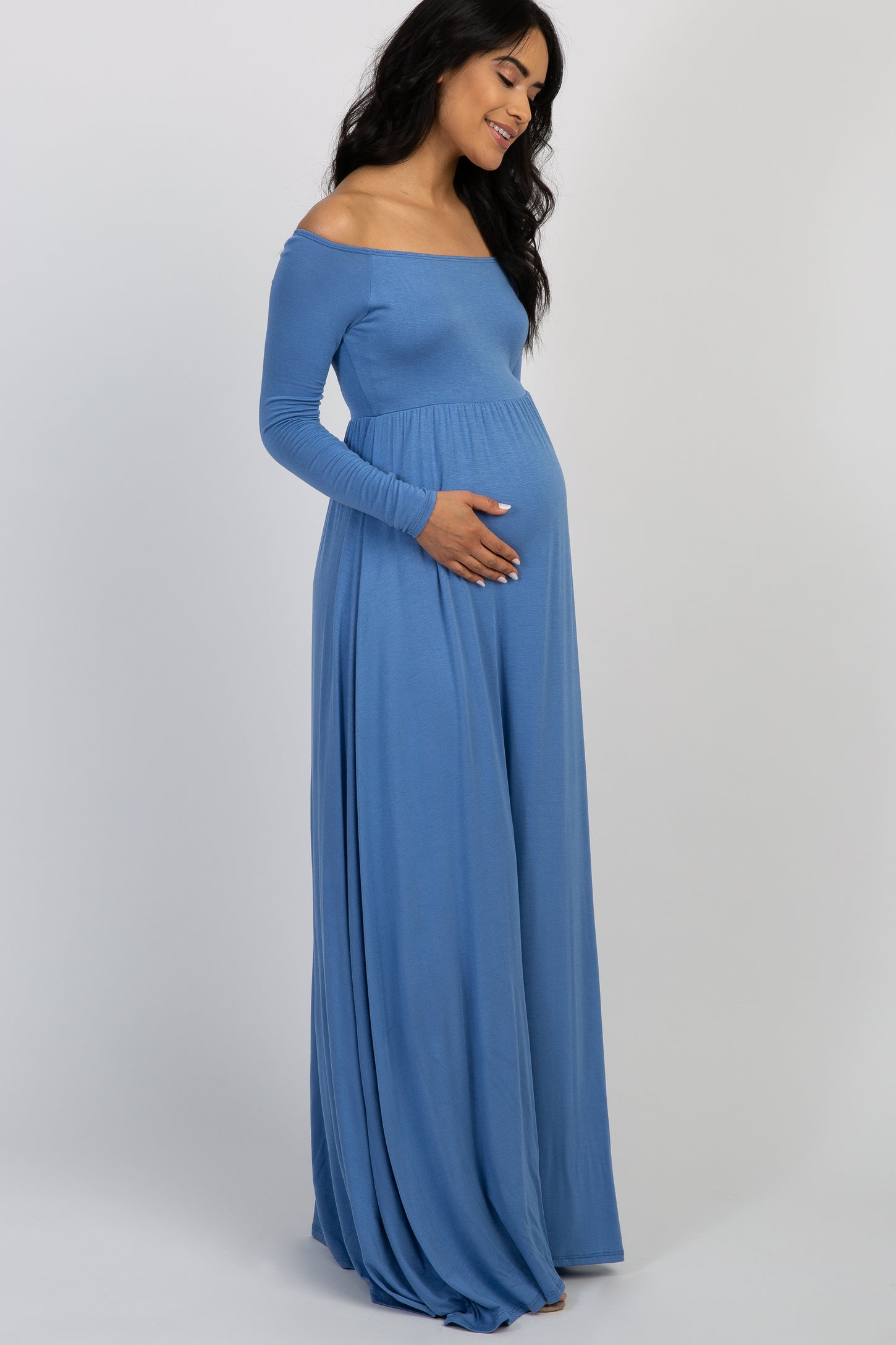PinkBlush Denim Blue Off Shoulder Maternity Maxi Dress
