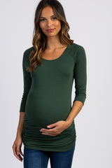 PinkBlush Olive Green Solid 3/4 Sleeve Ruched Maternity Top