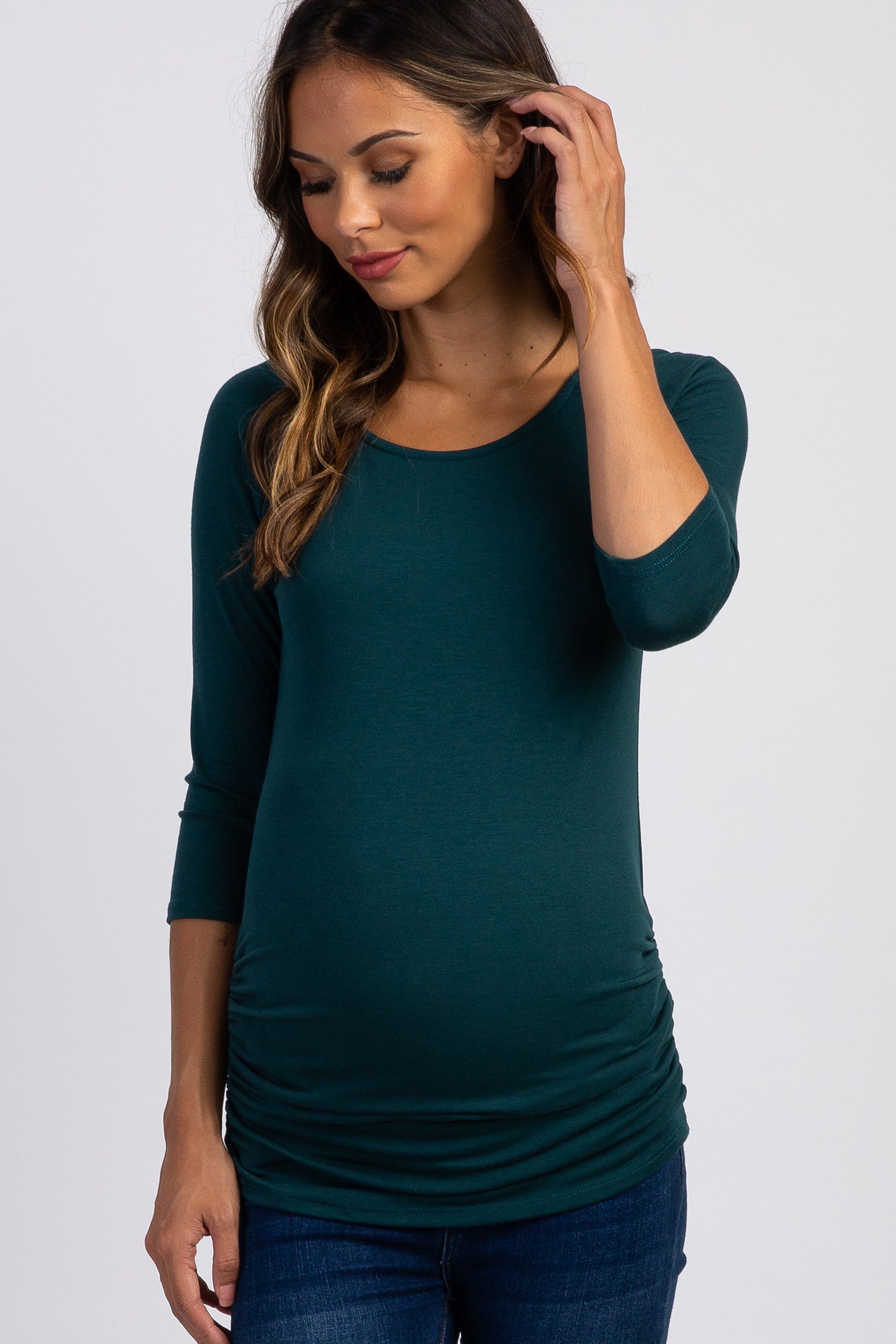 PinkBlush Forest Green Solid 3/4 Sleeve Ruched Maternity Top