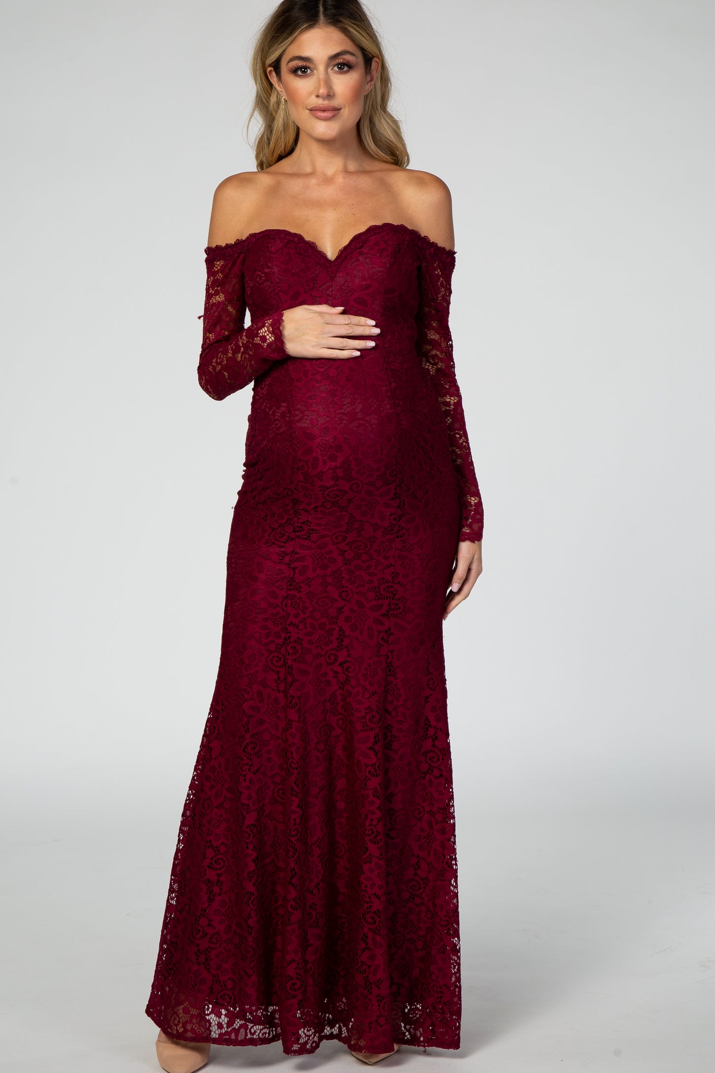 PinkBlush Burgundy Lace Off Shoulder Long Sleeve Maternity Maxi Dress PinkBlush Burgundy Lace Off Shoulder Long Sleeve Maternity Maxi Dress