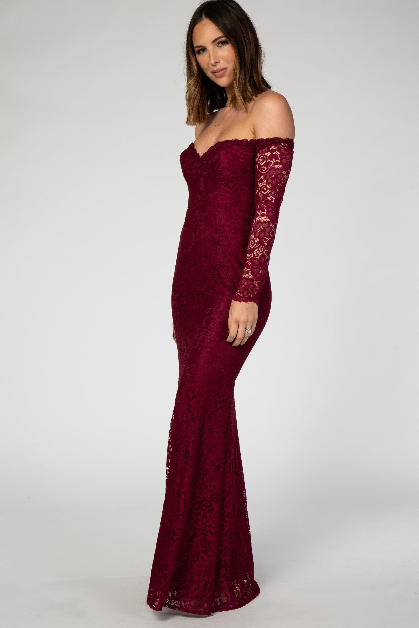 PinkBlush Burgundy Lace Off Shoulder Long Sleeve Maxi Dress PinkBlush Burgundy Lace Off Shoulder Long Sleeve Maxi Dress