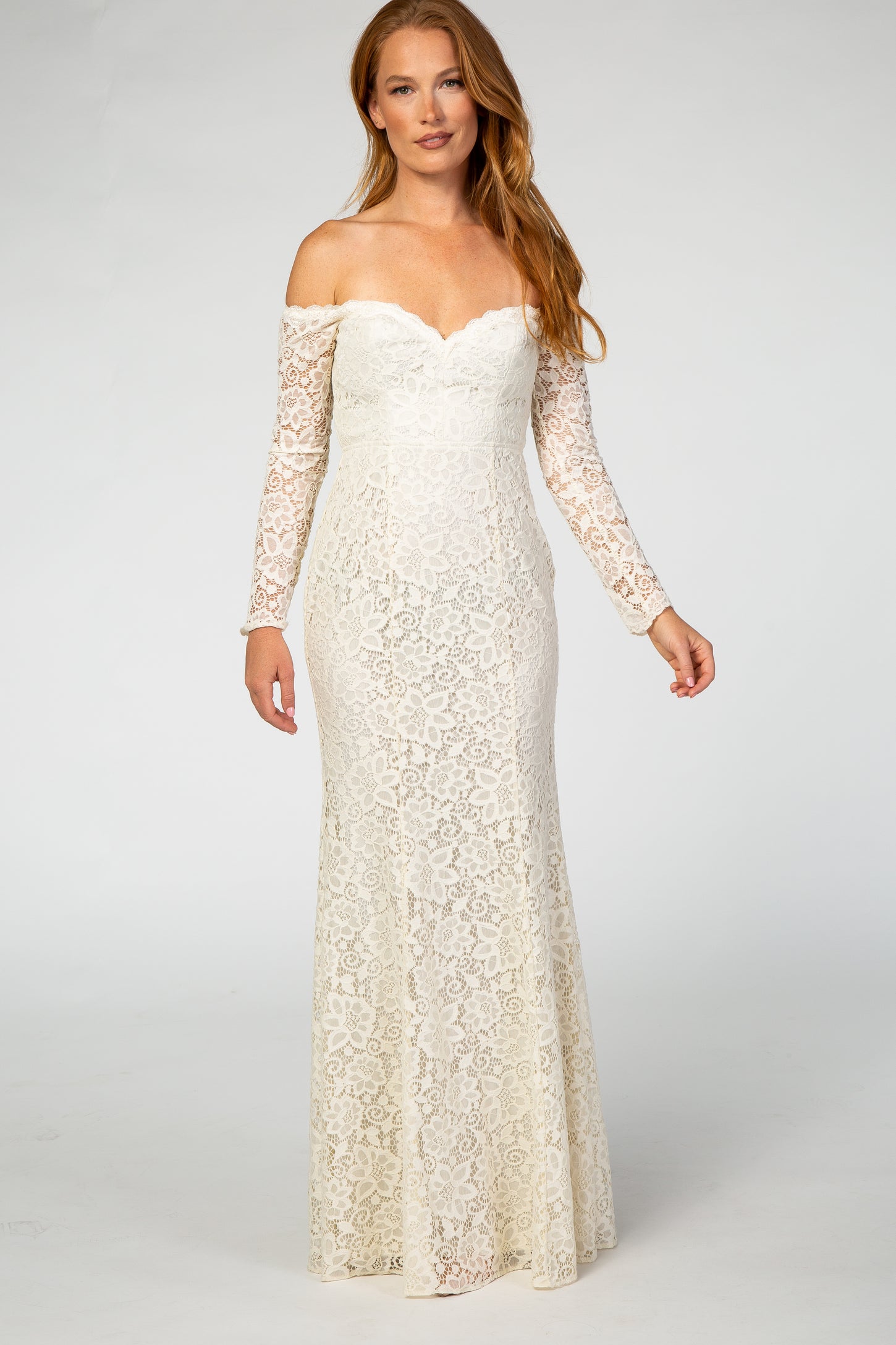 PinkBlush Beige Lace Off Shoulder Long Sleeve Maxi Dress PinkBlush Beige Lace Off Shoulder Long Sleeve Maxi Dress