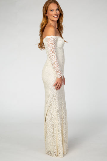 PinkBlush Beige Lace Off Shoulder Long Sleeve Maxi Dress