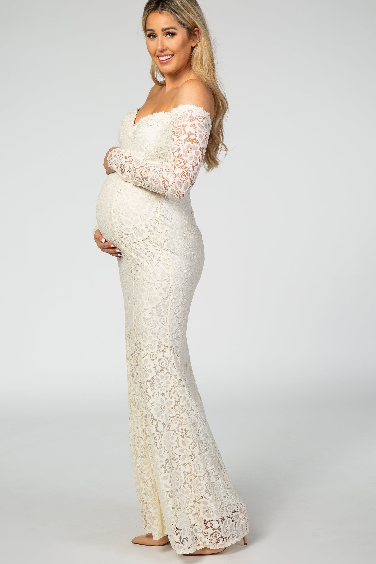 Pinkblush White Lace Off Shoulder Maternity Photoshoot Gown/Dress
