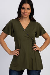 PinkBlush Olive Short Sleeve Button Accent Maternity/Nursing Wrap Top