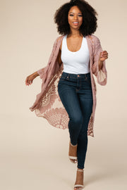 Mauve Lace Mesh 3/4 Sleeve Cover Up