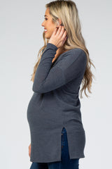 Blue Keyhole Back Long Sleeve Maternity Top