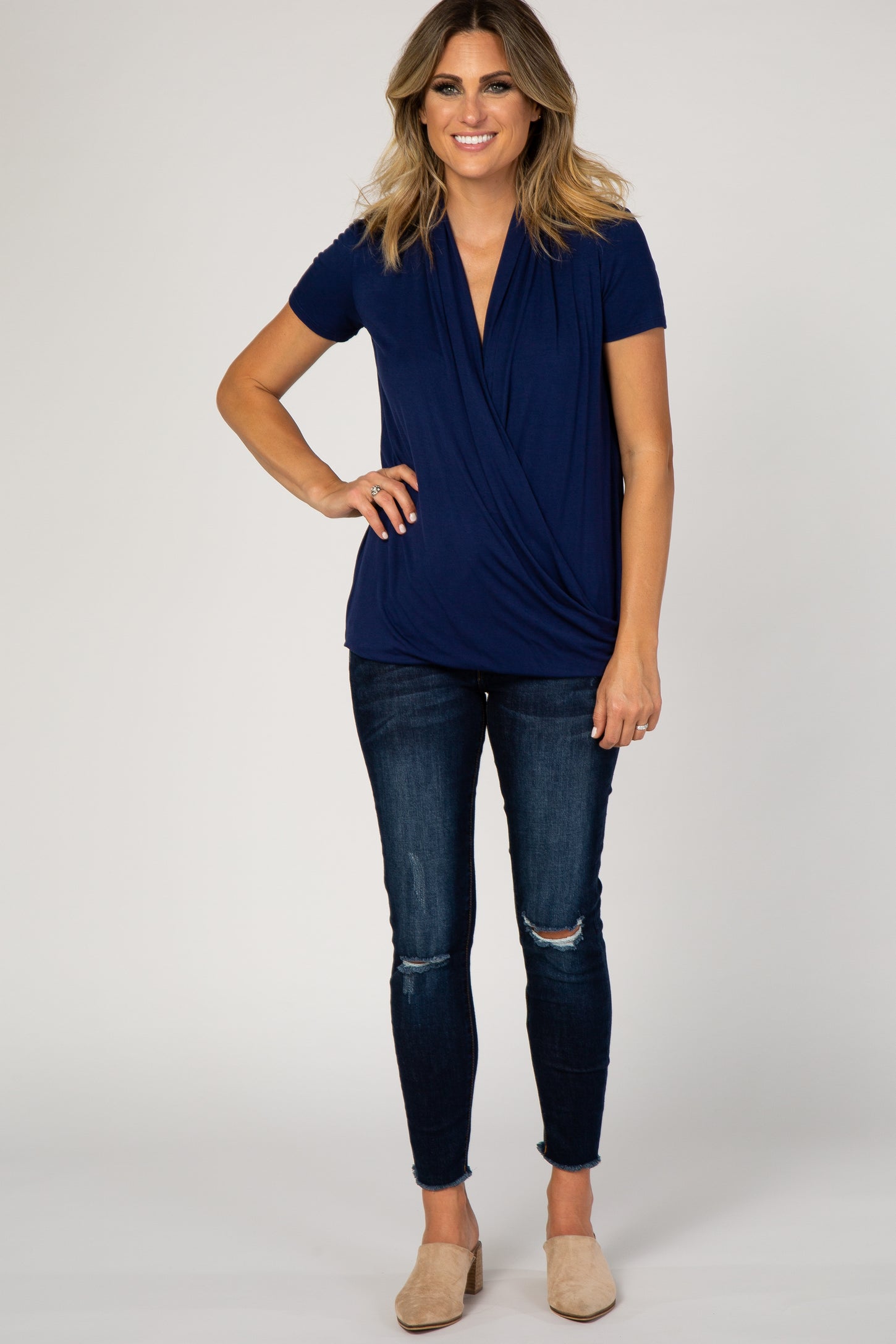 PinkBlush Navy Pleated Wrap Accent Nursing Top