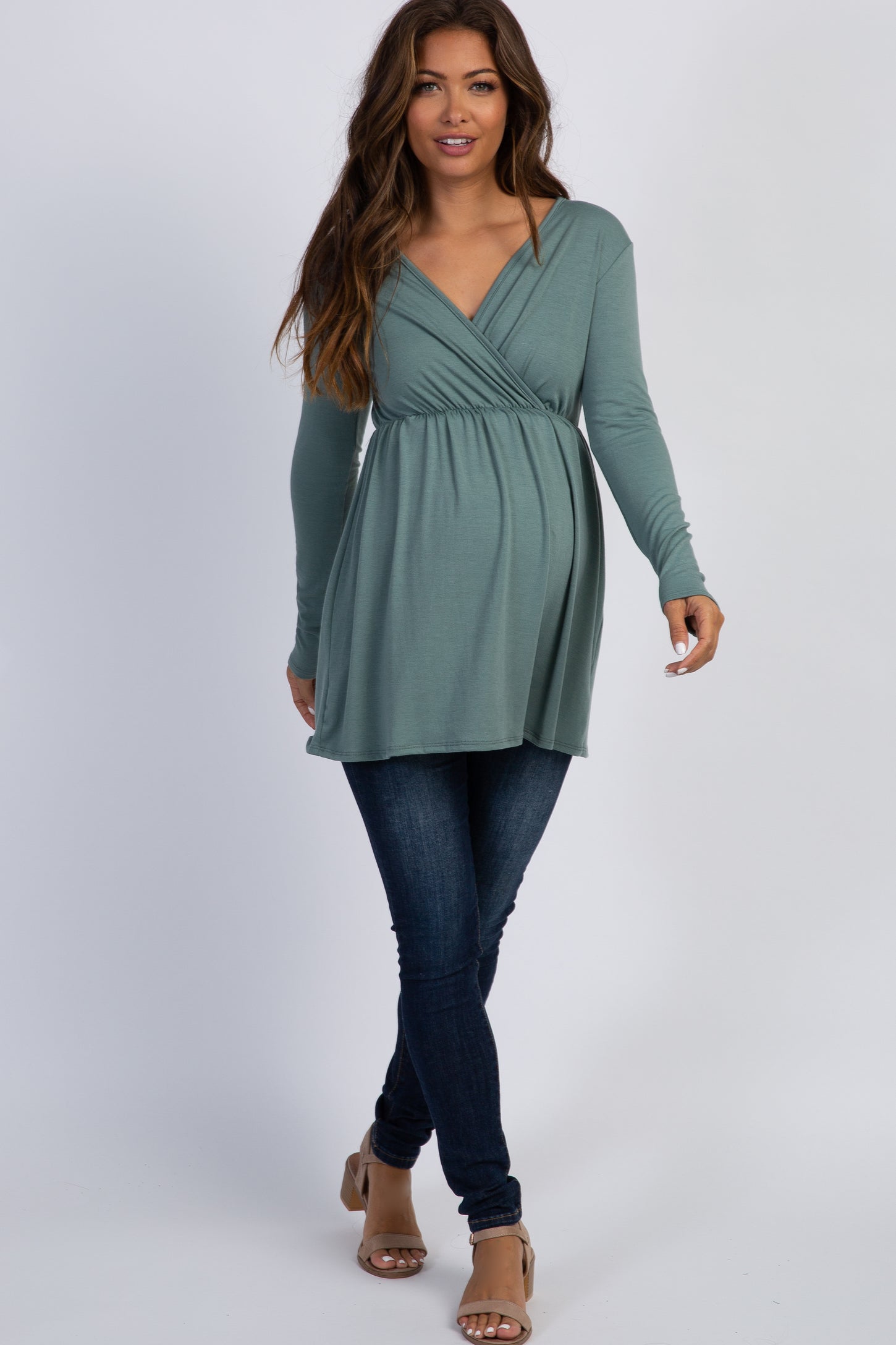 PinkBlush Olive Green Long Sleeve Wrap Front Maternity Nursing Top