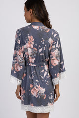 PinkBlush Navy Floral Lace Trim Maternity Robe