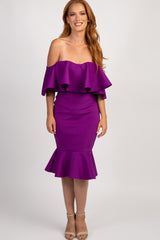 Purple Off Shoulder Ruffle Fitted Maternity Midi Dress
