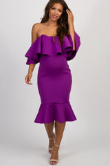 Purple Off Shoulder Ruffle Fitted Maternity Midi Dress