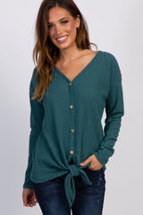 Teal Ribbed Knit Button Tie Front Maternity Top