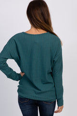 Teal Ribbed Knit Button Tie Front Top
