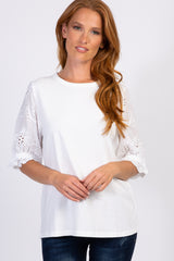 White Solid Crochet Sleeve Maternity Top