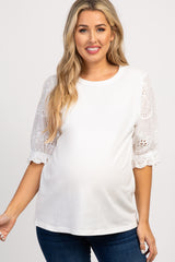 White Solid Crochet Sleeve Maternity Top