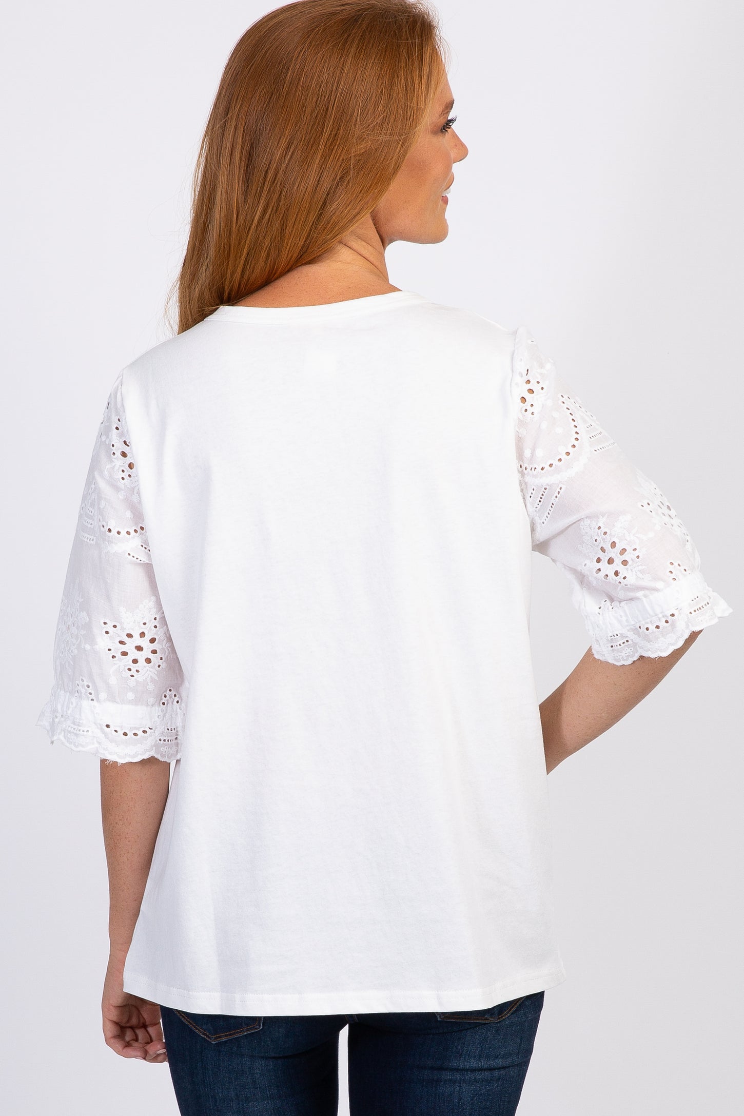 White Solid Crochet Sleeve Top