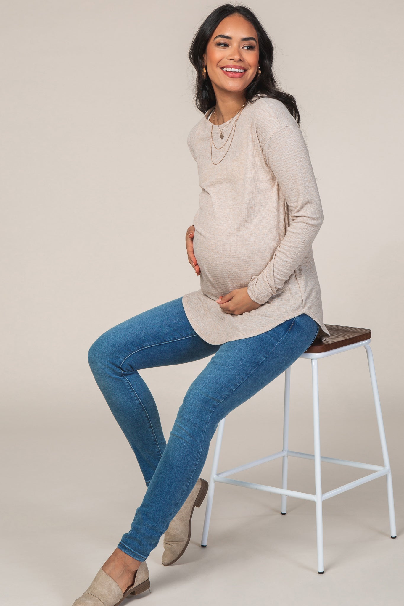 Beige Long Sleeve Ribbed Maternity Top– PinkBlush