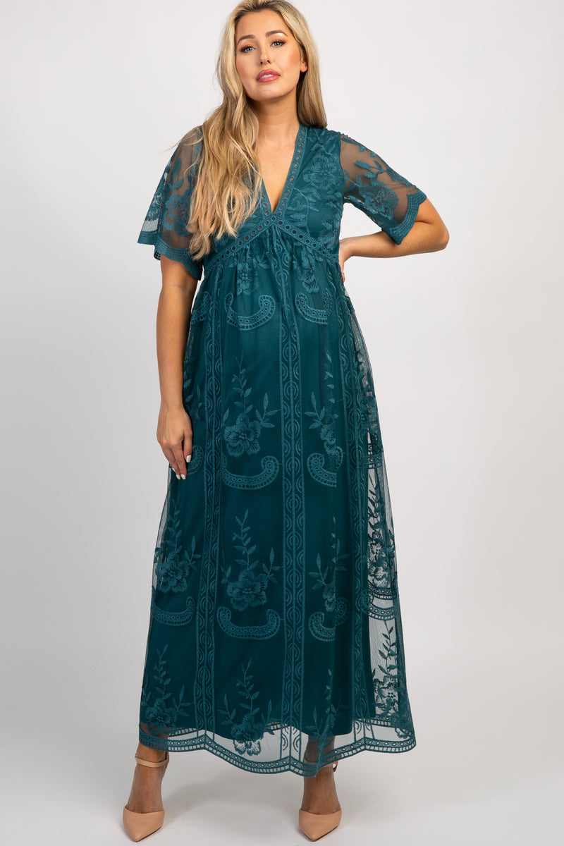 Dark Turquoise Lace Mesh Overlay Maternity Maxi Dress– PinkBlush