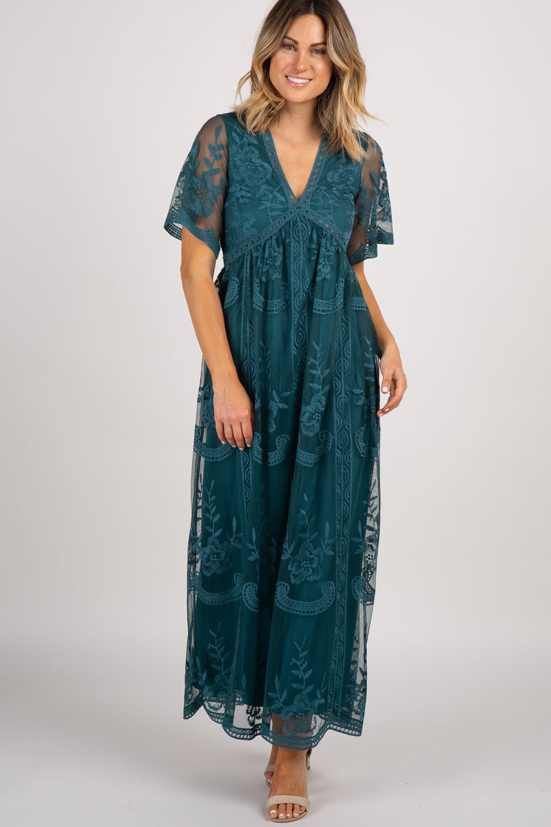 Dark Turquoise Lace Mesh Overlay Maxi Dress– PinkBlush