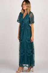 Dark Turquoise Lace Mesh Overlay Maxi Dress
