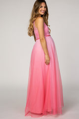 Pink Tulle Ombre Mesh Maternity Evening Gown
