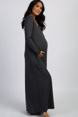 PinkBlush Charcoal Grey Button Front Maternity Maxi Dress