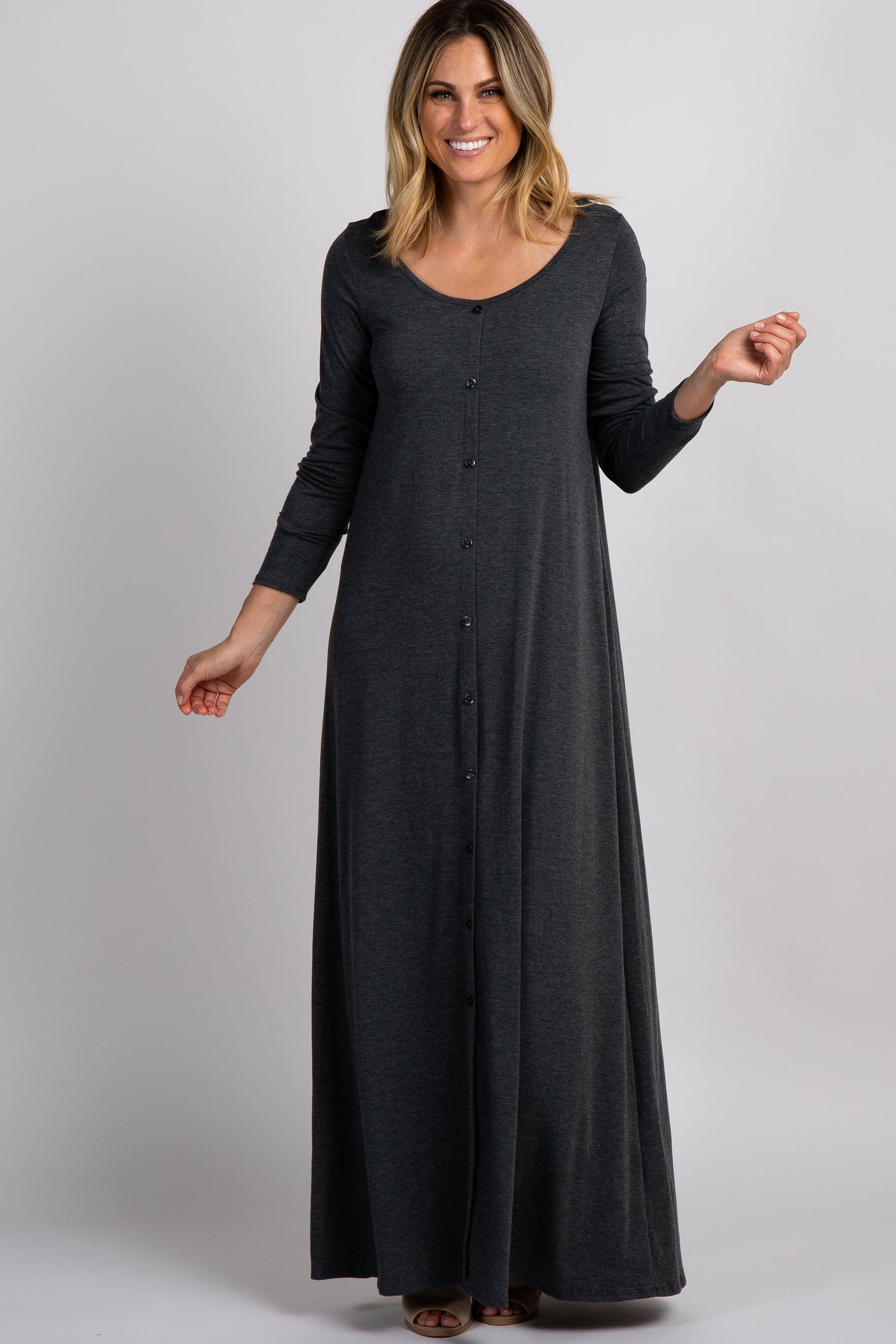 PinkBlush Charcoal Grey Button Front Maternity Maxi Dress