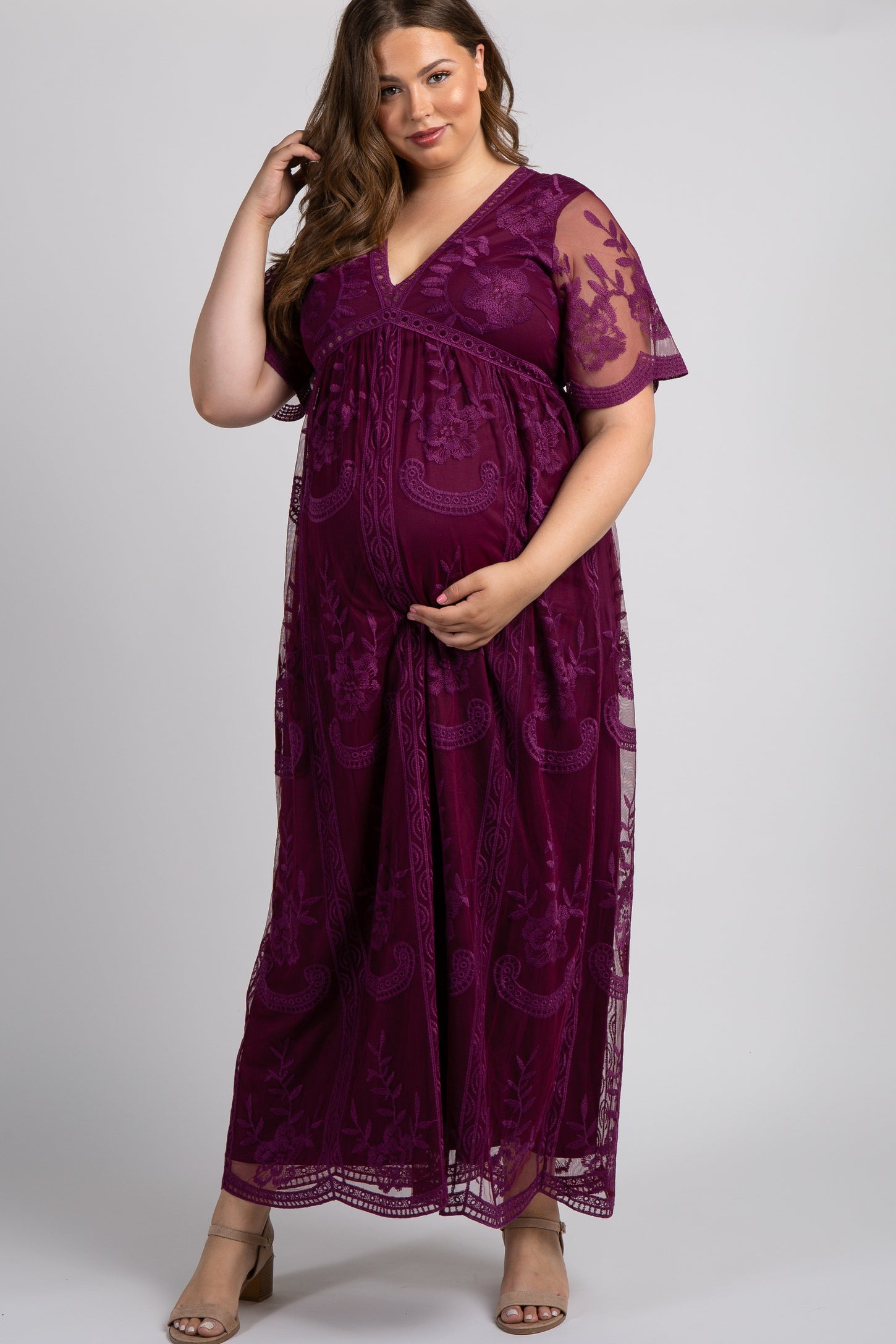 Dark Burgundy Lace Mesh Overlay Plus Maternity Maxi Dress