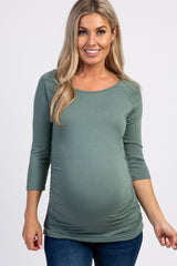 PinkBlush Olive Green Basic Ruched Fitted Maternity Top