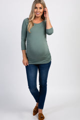 PinkBlush Olive Green Basic Ruched Fitted Maternity Top