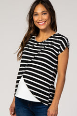 Black Striped Layered Wrap Front Maternity Nursing Top