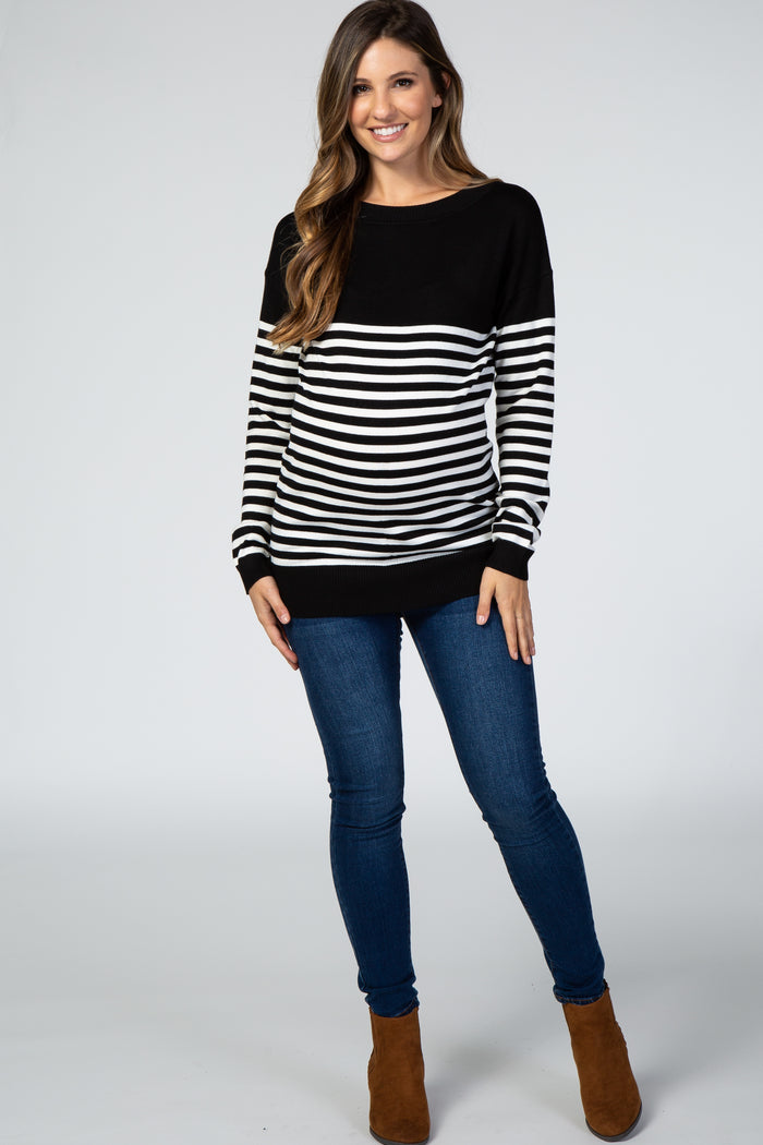 PinkBlush Black Striped Elbow Patch Knit Maternity Sweater