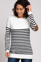 PinkBlush Ivory Striped Elbow Patch Knit Maternity Sweater