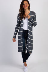 Charcoal Grey Striped Knit Long Cardigan