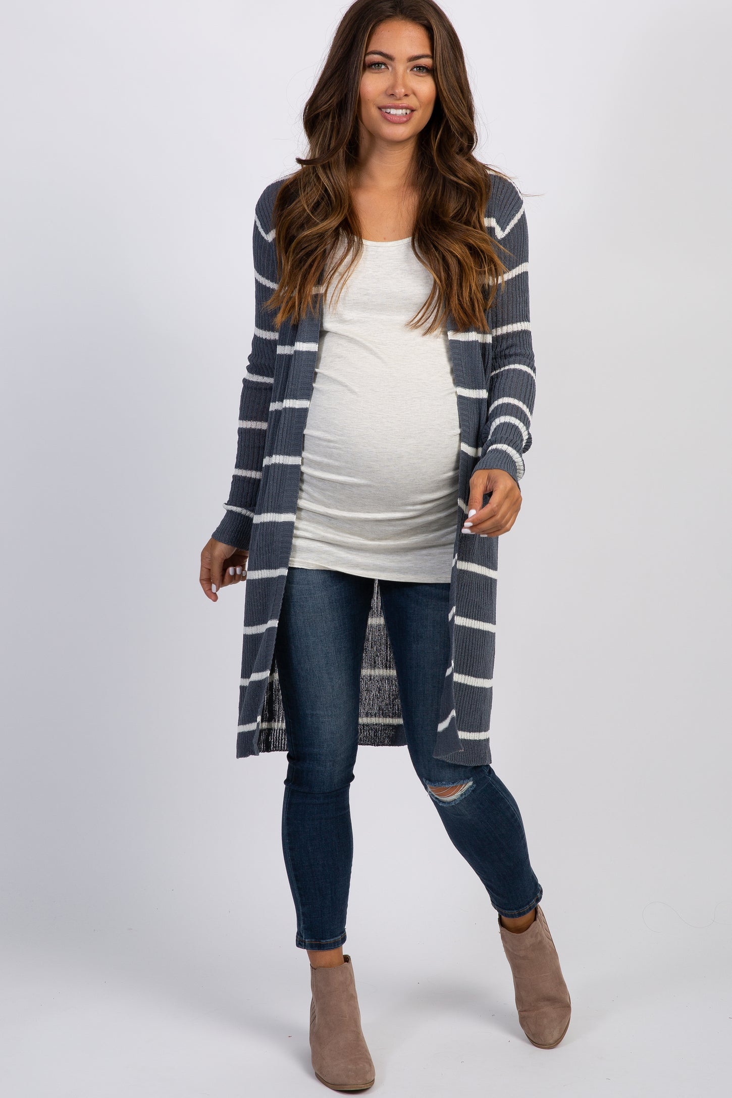 Charcoal Grey Striped Knit Long Maternity Cardigan