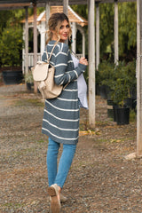 Charcoal Grey Striped Knit Long Maternity Cardigan