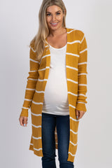 Mustard Striped Knit Long Maternity Cardigan